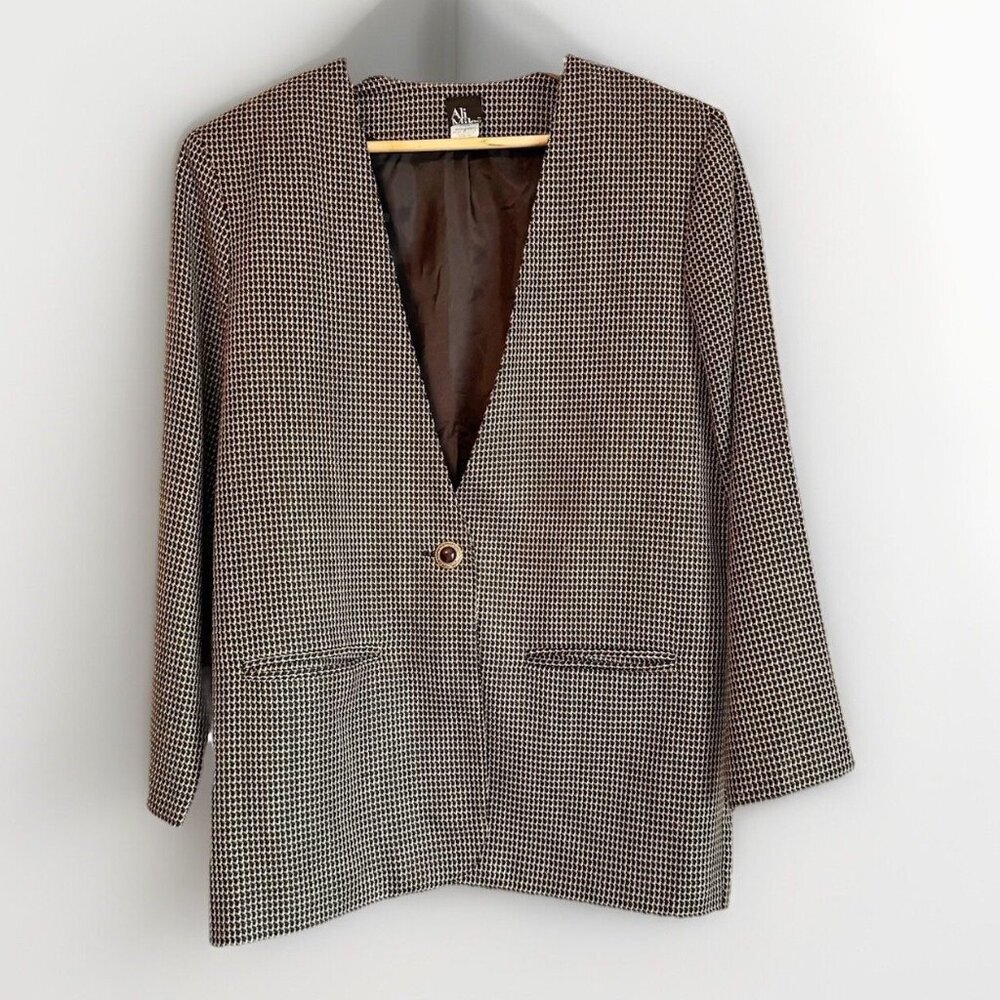 Vtg Ali Miles Black Tan Houndstooth Blazer Women’s 12 Academia Classic Office